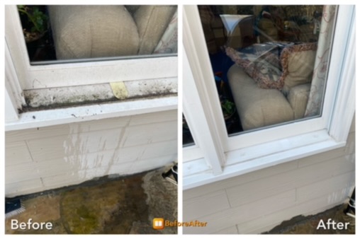 House soft wash before and after showing dirty window sill