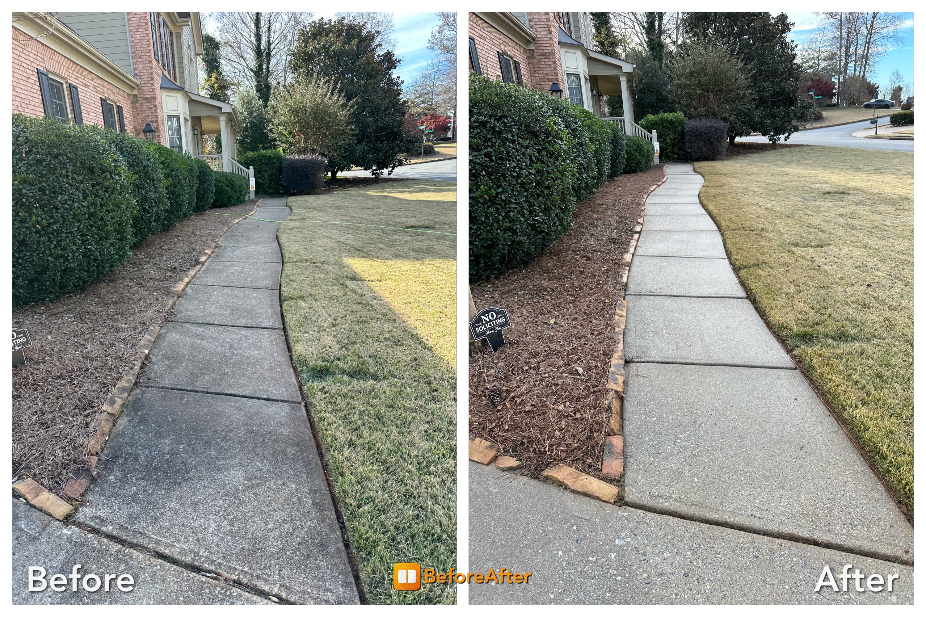 Before and after cleaned concrete walkway