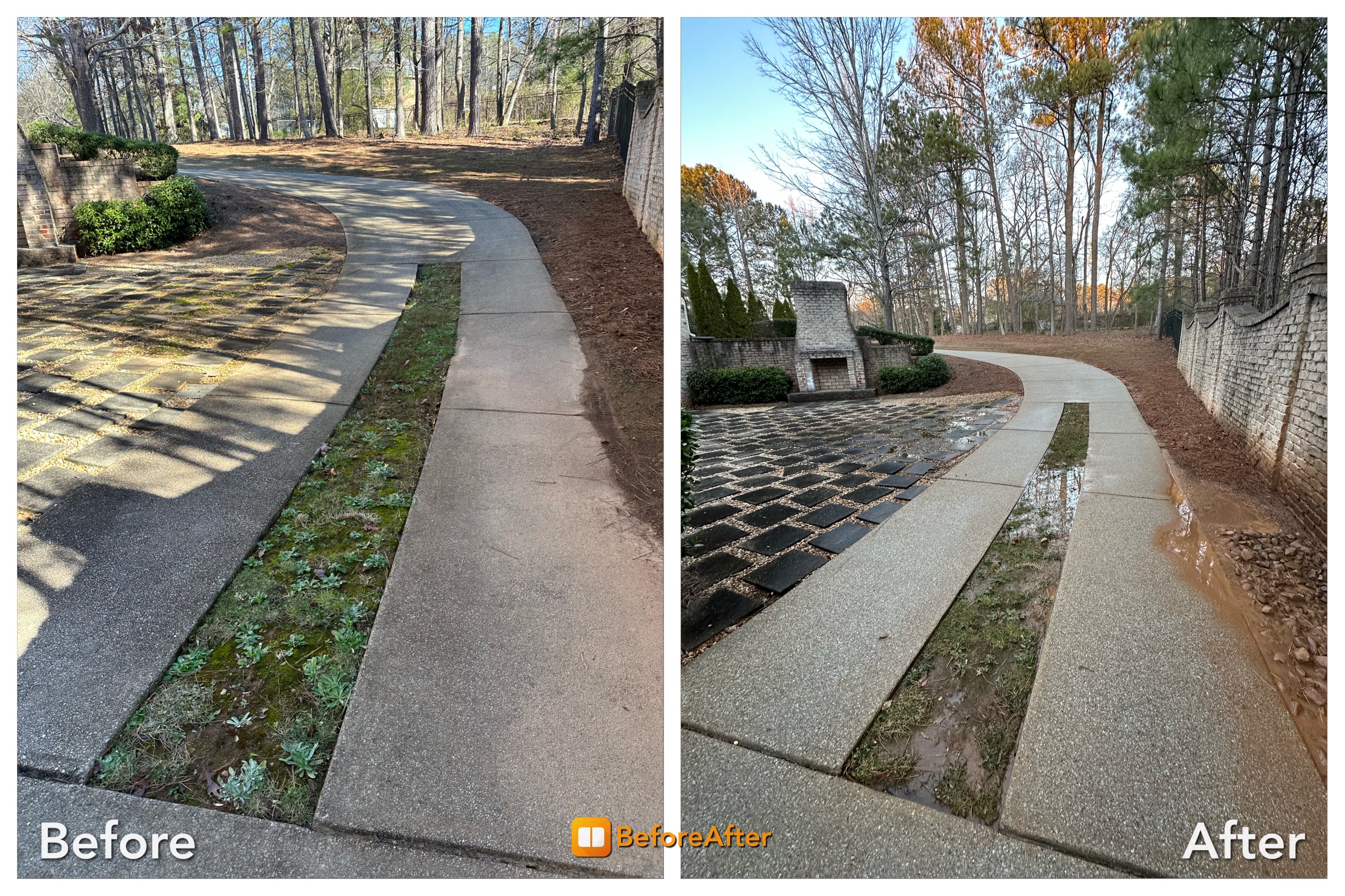 Before and after concrete drive strips and sand set paver stones