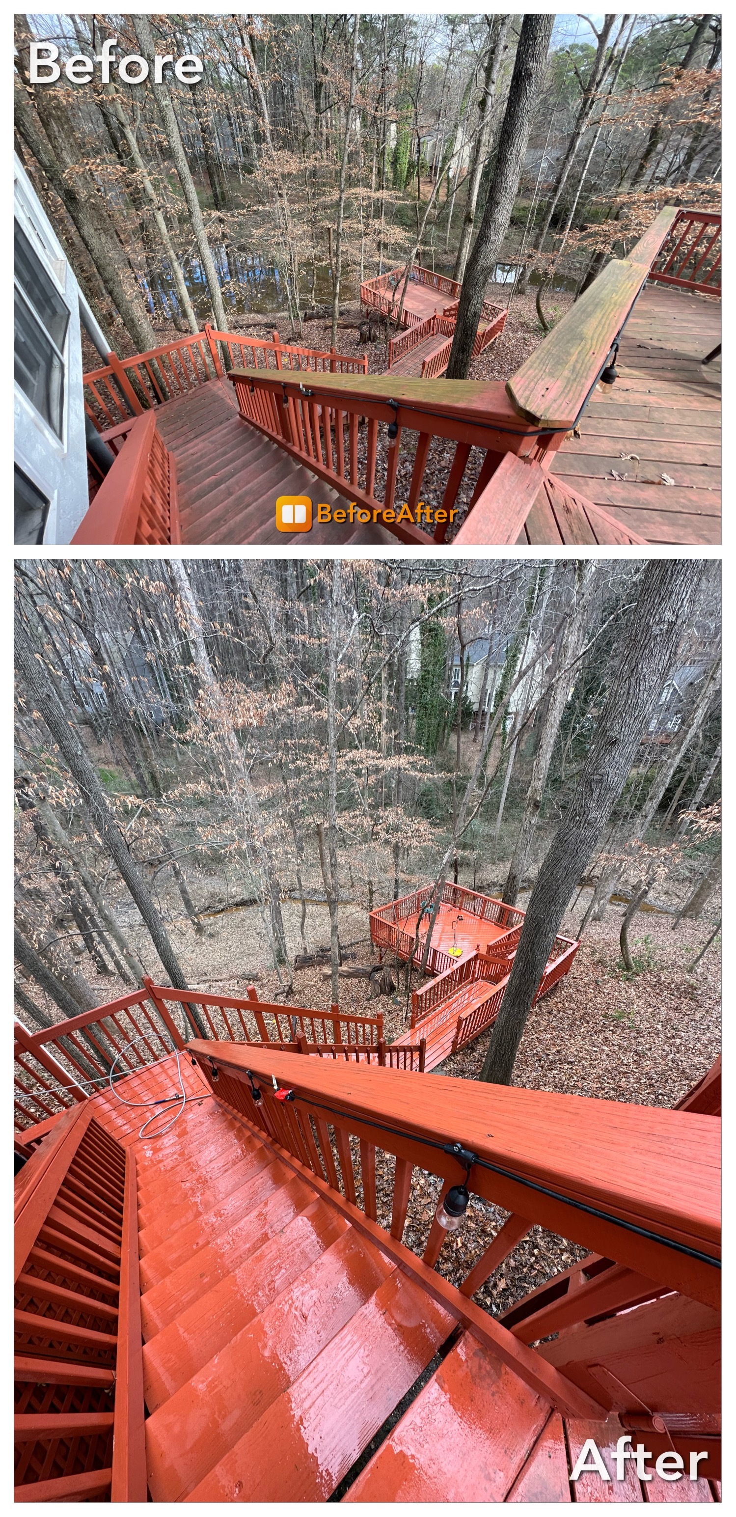 Before and after cleaned Wood Patio and Steps