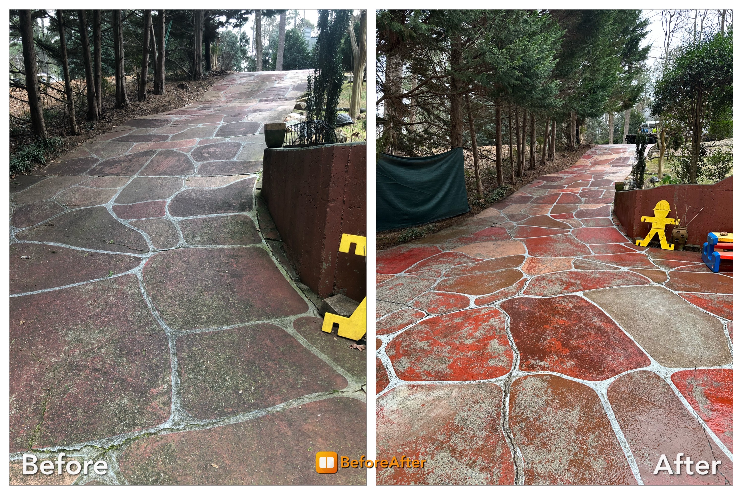 Decoratively painted driveway before and after cleaning (missing paint was missing prior to cleaning)