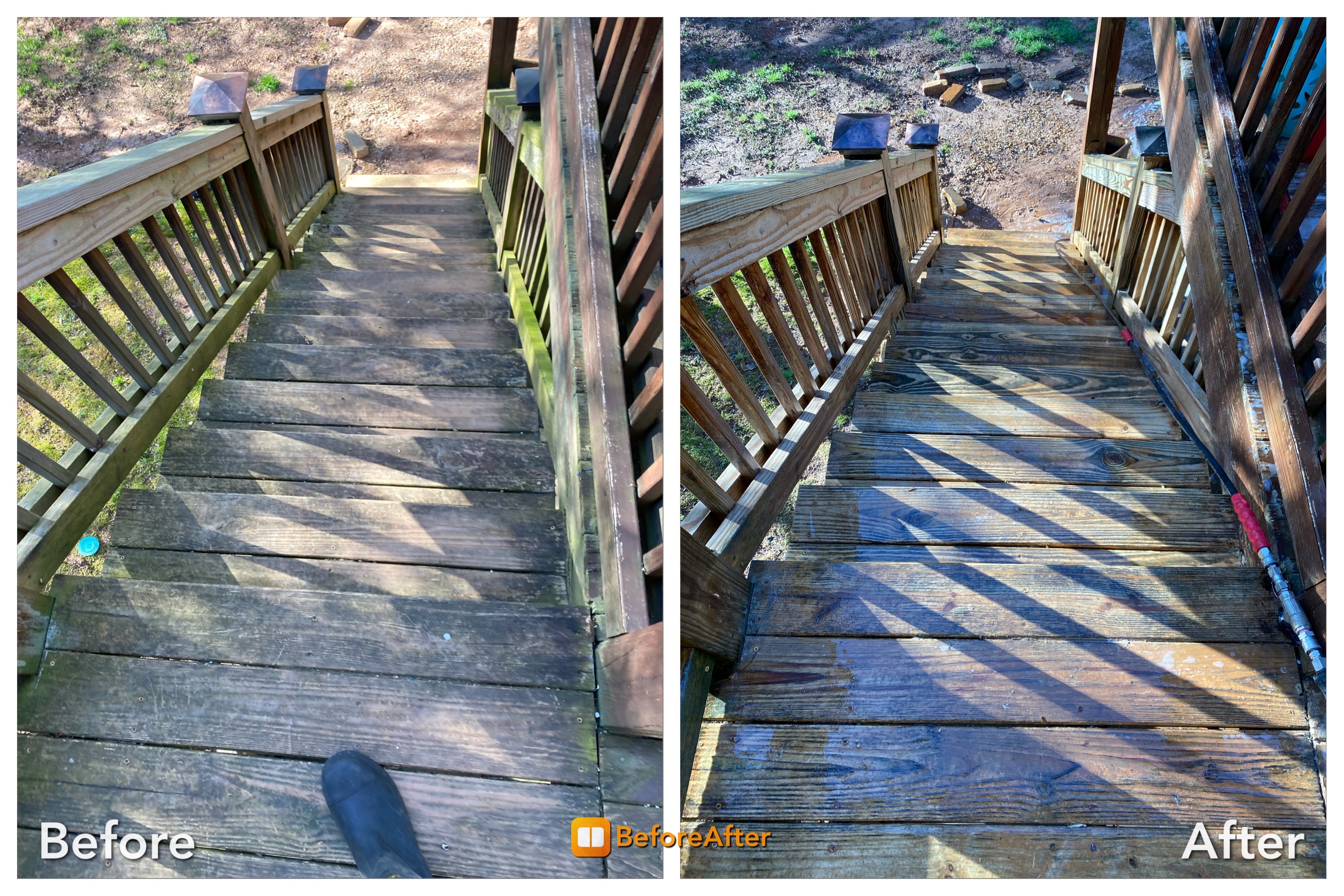 Algae stained wood railing and steps
