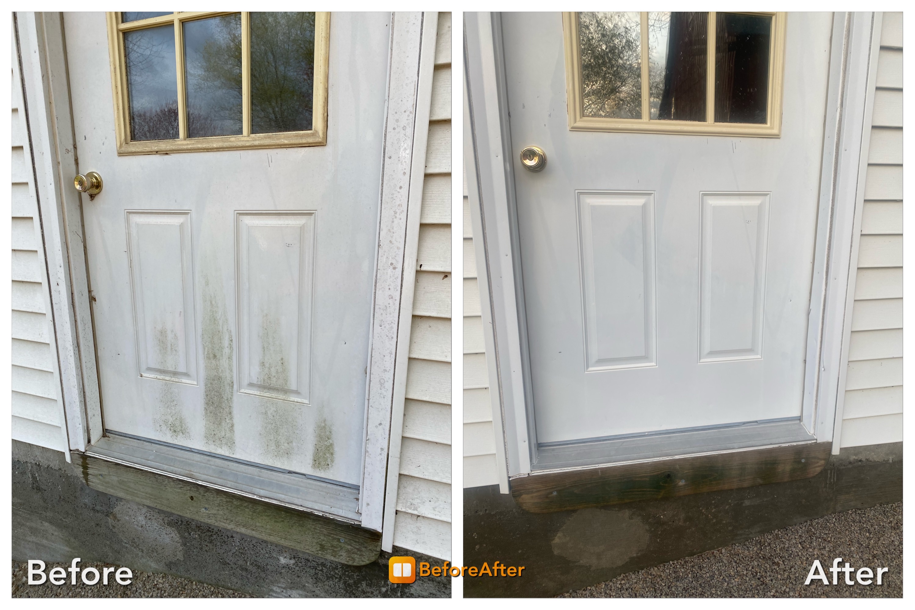 Cleaned House siding with visible algae growth and dirty eaves