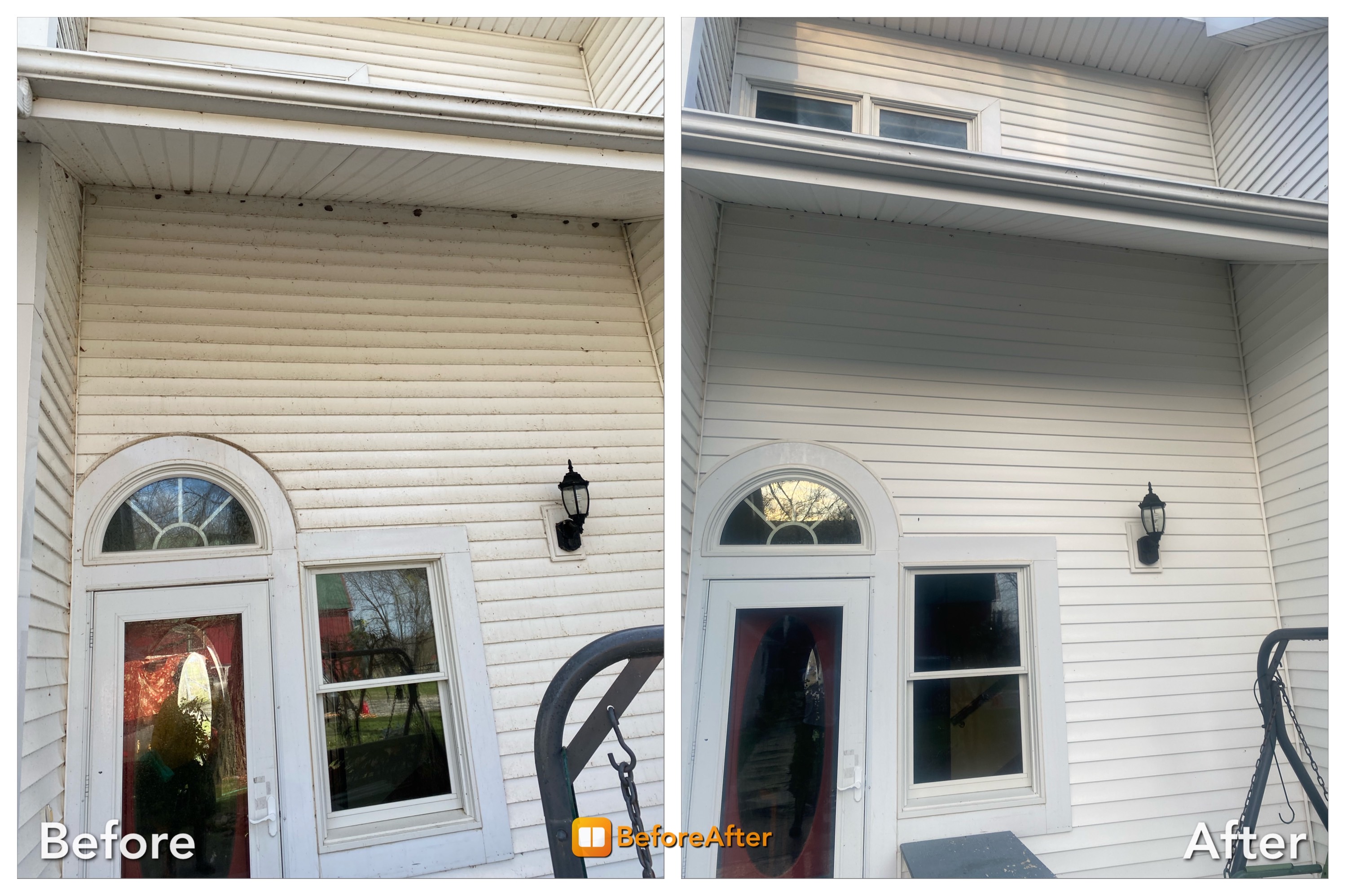 Cleaned House siding with visible algae growth and dirty eaves