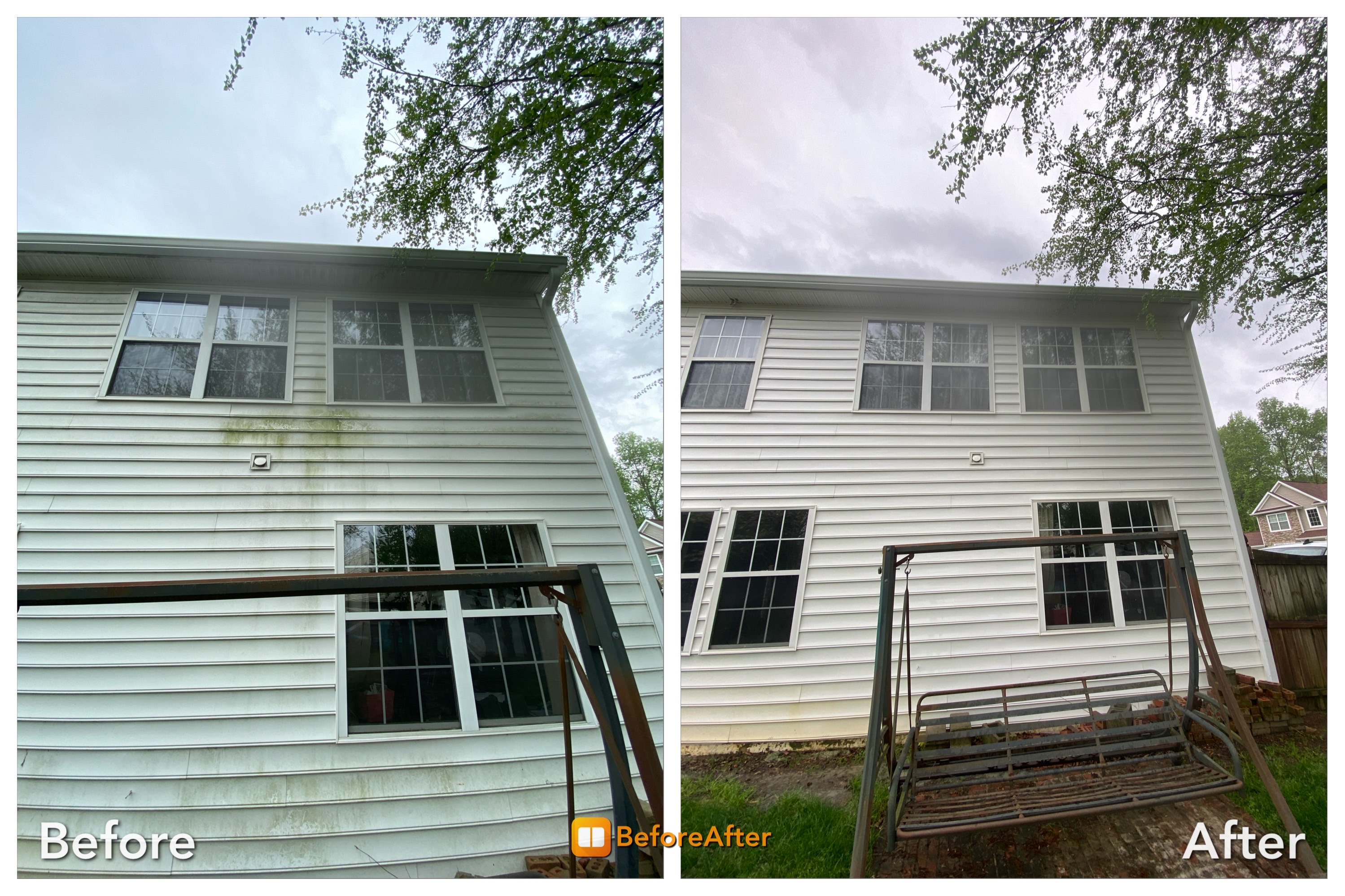 Cleaned House siding with visible algae growth