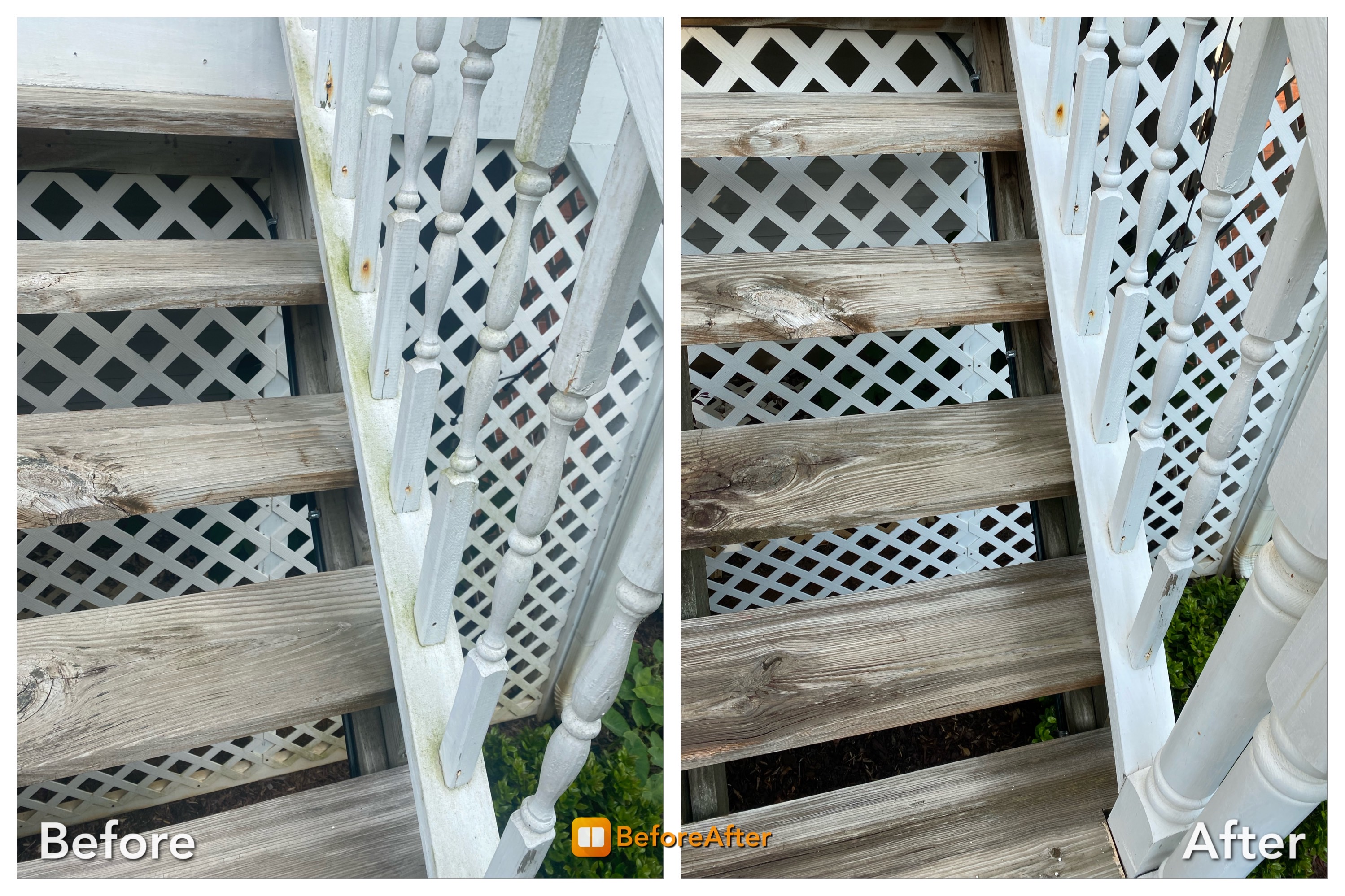 Cleaned Algae and rust covered wood railing